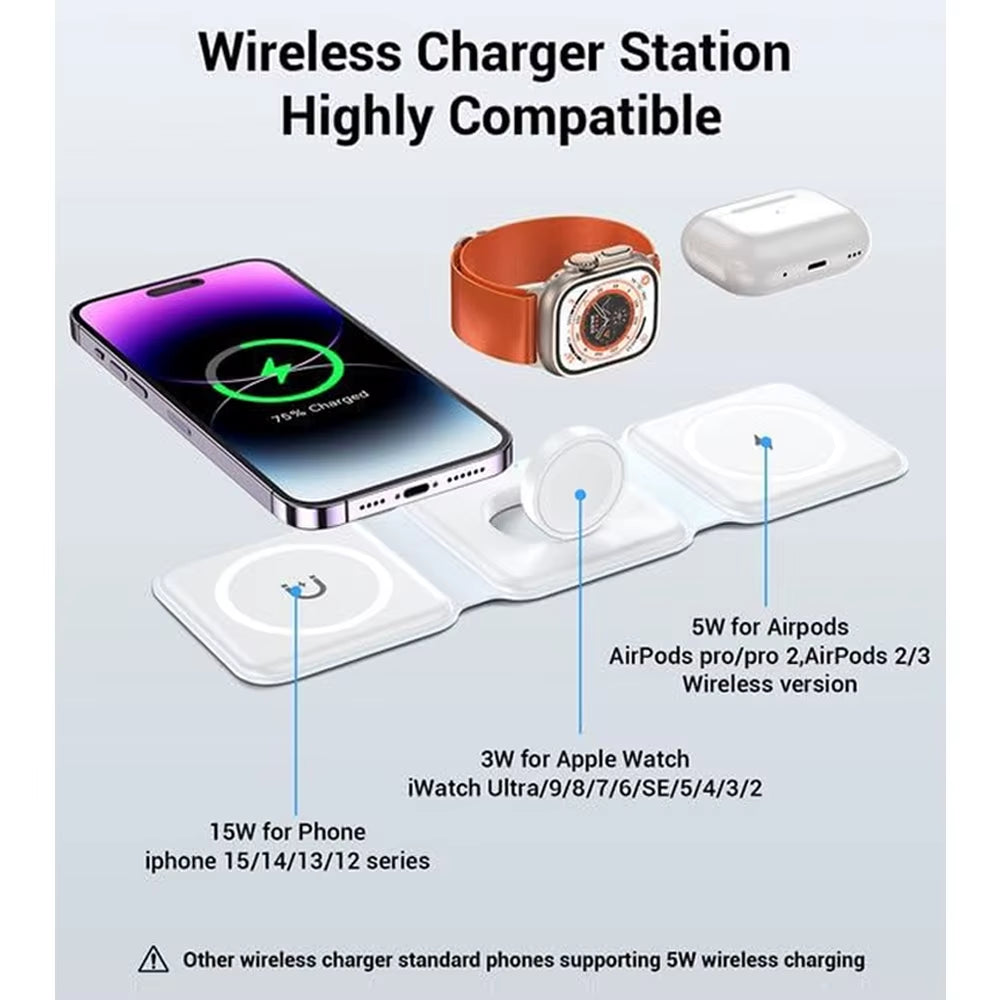 3In1 Foldable Wireless Charger Fast Charging Station for Iphone 15 14 13Holder Magnetic Charger Stand Dock for Apple Watch S8/7