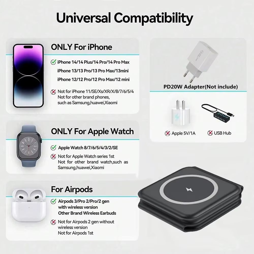 3In1 Foldable Wireless Charger Fast Charging Station for Iphone 15 14 13Holder Magnetic Charger Stand Dock for Apple Watch S8/7